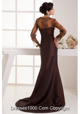 Brown Brush Train Prom Dress with Long Sleeves and Appliques