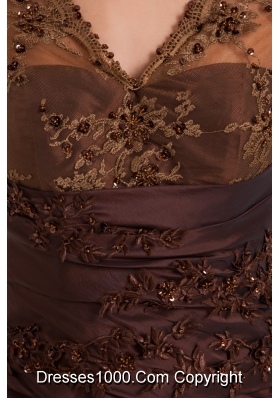 Brown Brush Train Prom Dress with Long Sleeves and Appliques