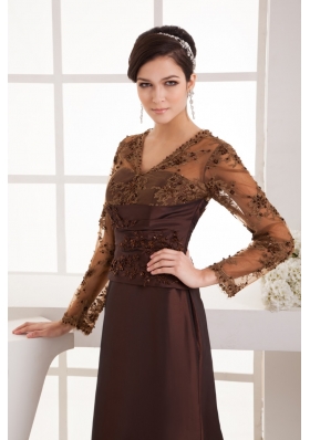 Brown Brush Train Prom Dress with Long Sleeves and Appliques