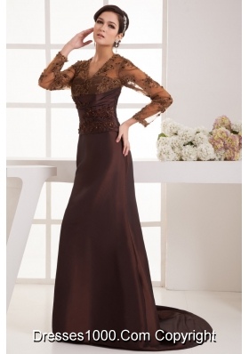 Brown Brush Train Prom Dress with Long Sleeves and Appliques