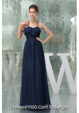Column Navy Blue Ankle-length Halter Top Ruched Prom Dress for Ladies