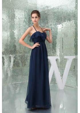 Column Navy Blue Ankle-length Halter Top Ruched Prom Dress for Ladies