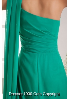 Green One Shoulder Watteau Train Beaded Ruched Prom Dress