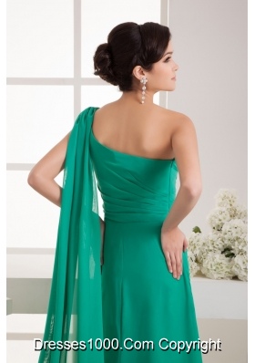 Green One Shoulder Watteau Train Beaded Ruched Prom Dress