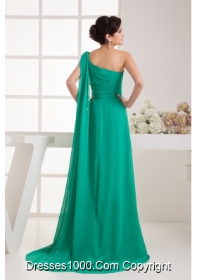 Green One Shoulder Watteau Train Beaded Ruched Prom Dress