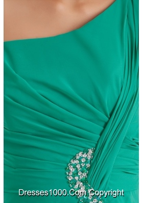 Green One Shoulder Watteau Train Beaded Ruched Prom Dress