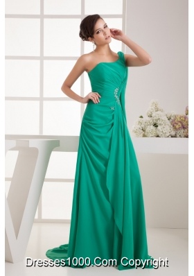 Green One Shoulder Watteau Train Beaded Ruched Prom Dress