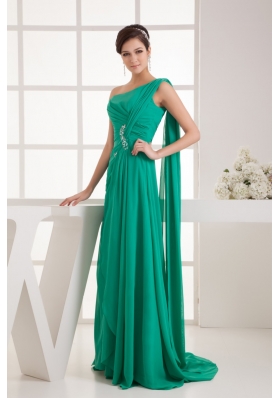 Green One Shoulder Watteau Train Beaded Ruched Prom Dress