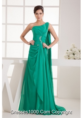 Green One Shoulder Watteau Train Beaded Ruched Prom Dress