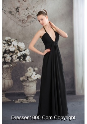 Halter Beaded Black Chiffon Prom Graduation Dress with Plunging Neckline