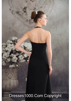 Halter Beaded Black Chiffon Prom Graduation Dress with Plunging Neckline