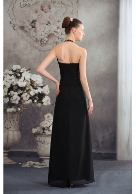 Halter Beaded Black Chiffon Prom Graduation Dress with Plunging Neckline