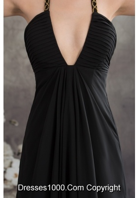 Halter Beaded Black Chiffon Prom Graduation Dress with Plunging Neckline