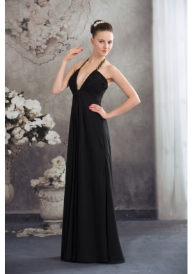 Halter Beaded Black Chiffon Prom Graduation Dress with Plunging Neckline