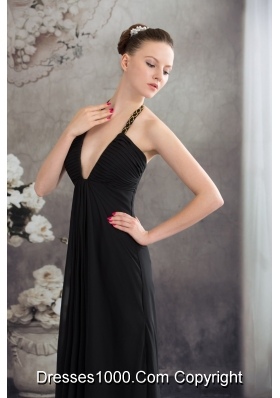 Halter Beaded Black Chiffon Prom Graduation Dress with Plunging Neckline