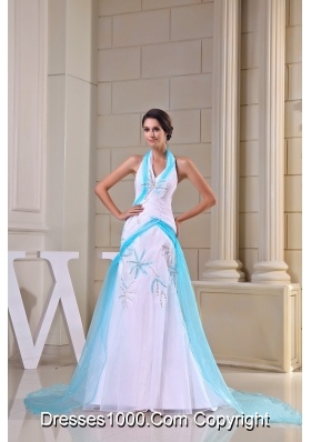 Halter Top Sweep/Brush Train Mermaid White Prom Dress with Ribbon