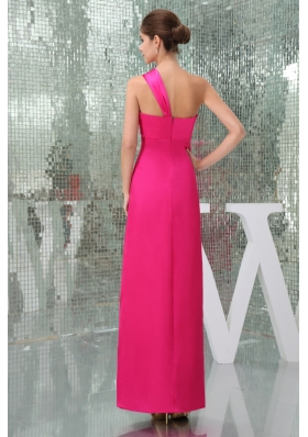 Hot Pink Ankle-length One Shoulder Prom Dress with Ruche Taffeta