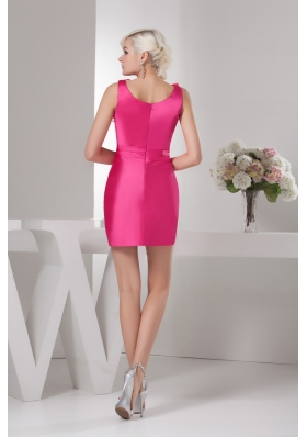 Hot Pink Scoop Neck Mini-length Prom Dress with Ruffles Decorate