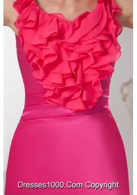 Hot Pink Scoop Neck Mini-length Prom Dress with Ruffles Decorate