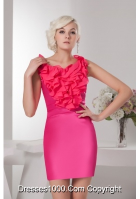 Hot Pink Scoop Neck Mini-length Prom Dress with Ruffles Decorate