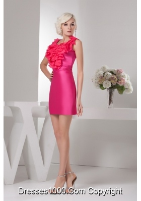 Hot Pink Scoop Neck Mini-length Prom Dress with Ruffles Decorate