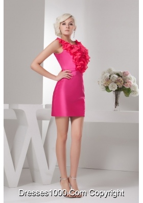 Hot Pink Scoop Neck Mini-length Prom Dress with Ruffles Decorate