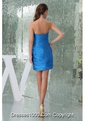 Hot Sale Blue Ruched Prom Dress with Handmade Flower Mini-length