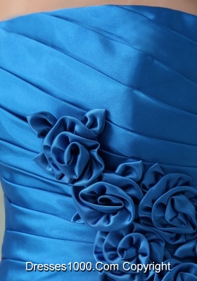 Hot Sale Blue Ruched Prom Dress with Handmade Flower Mini-length