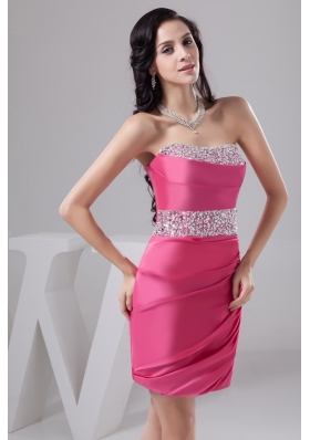 Lovely Rose Pink Mini-length Prom Gown Dress with Beading and Ruching