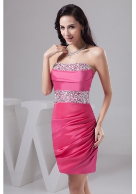 Lovely Rose Pink Mini-length Prom Gown Dress with Beading and Ruching