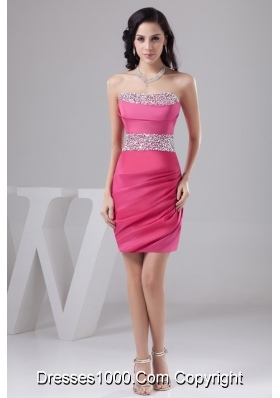 Lovely Rose Pink Mini-length Prom Gown Dress with Beading and Ruching