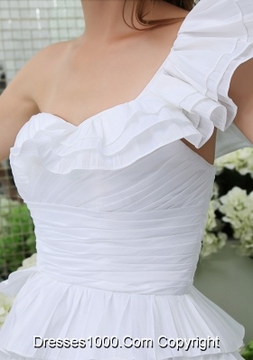 Petal Single Shoulder Ruching and Ruffled Layers Wedding Gown in White