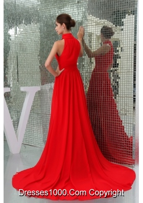 Pretty Chiffon High-neck Red Prom Dress Court Train in the Mainstream