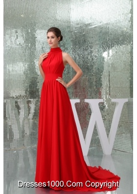 Pretty Chiffon High-neck Red Prom Dress Court Train in the Mainstream