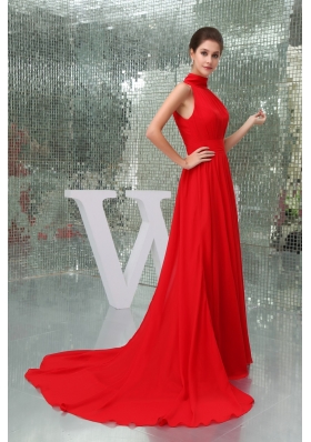 Pretty Chiffon High-neck Red Prom Dress Court Train in the Mainstream