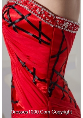 Red and Black Strapless Prom Homecoming Dress with Beading and Ruches