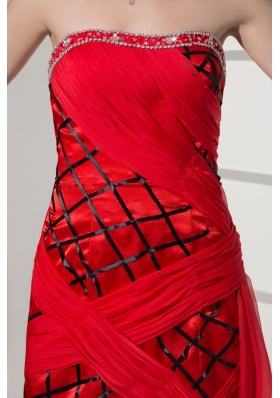 Red and Black Strapless Prom Homecoming Dress with Beading and Ruches