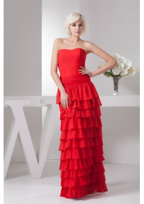 Red Floor-length Sweetheart Prom Dress with Ruffled Layers