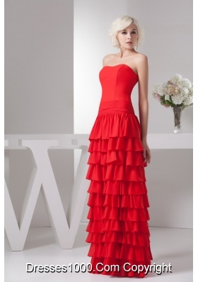 Red Floor-length Sweetheart Prom Dress with Ruffled Layers