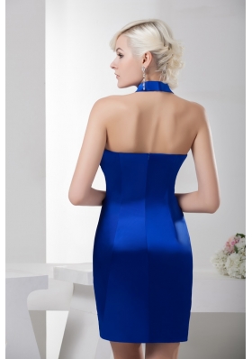 Royal Blue Mini-length High-neck Ruched Beaded Prom Dress