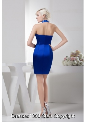 Royal Blue Mini-length High-neck Ruched Beaded Prom Dress