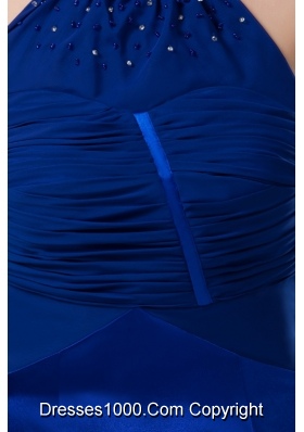 Royal Blue Mini-length High-neck Ruched Beaded Prom Dress