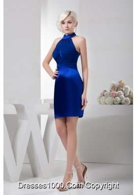 Royal Blue Mini-length High-neck Ruched Beaded Prom Dress