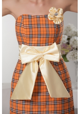 Special Fabric Mini-length Plaid Orange Prom Dress with Bowknot