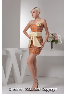 Special Fabric Mini-length Plaid Orange Prom Dress with Bowknot