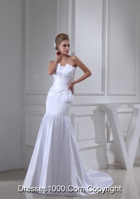 Strapless Sheath Ruching Brush Train Bridal Dresses with Ruffled Neckline