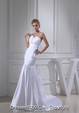 Strapless Sheath Ruching Brush Train Bridal Dresses with Ruffled Neckline