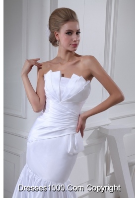 Strapless Sheath Ruching Brush Train Bridal Dresses with Ruffled Neckline