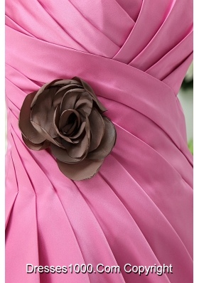 Sweetheart Pink Ruched Prom Dress Mini-length with Handmade Flower