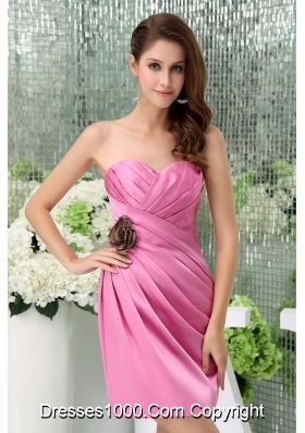 Sweetheart Pink Ruched Prom Dress Mini-length with Handmade Flower